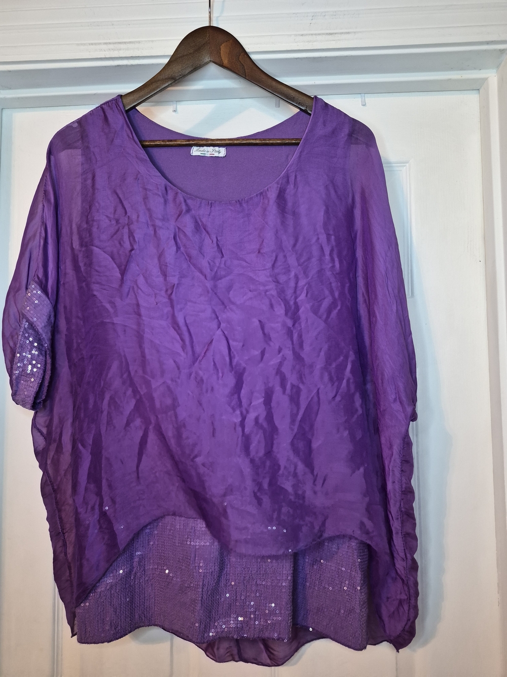 Made In Italy Purple Sequined Layered Scoop-Neck Silk Women's Top